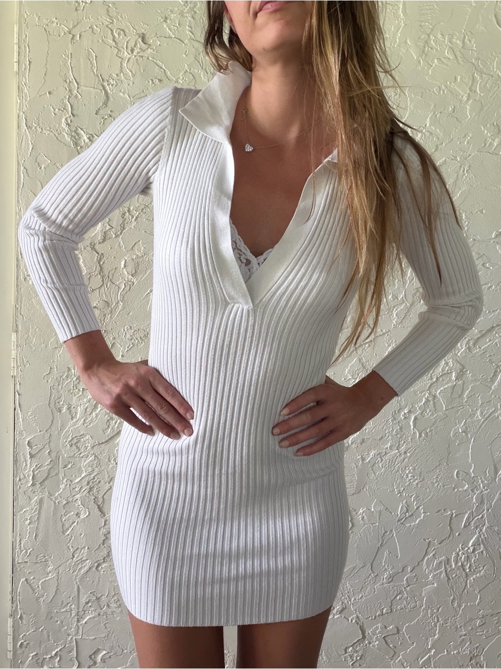 Women's Long-Sleeve Ribbed V-Neck Mini Dress in White